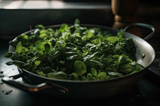 Fresh basil and thyme herbs are heated in a pan. Generative AI
