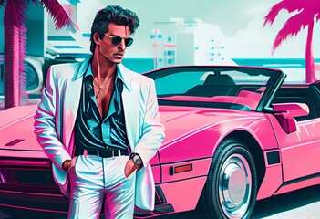 Retro wave vice Miami fashioned man near retro sport car. Sunset scene in Miami of 80's. Synth wave. Outrun Nostalgia Fashion Look Book. Generative ai. Illustration Art. - obrazy, fototapety, plakaty