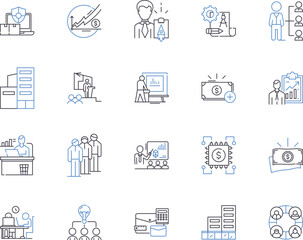 Distribution and warehousing outline icons collection. Distribution, Warehousing, Logistics, Inventory, Supply Chain, Fulfilment, Delivery vector and illustration concept set. Transport, Shipping