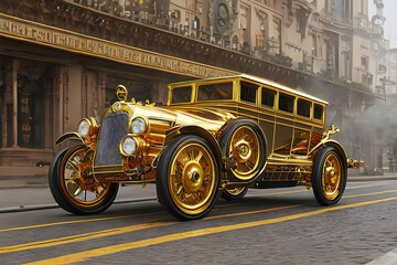 Retro gold car fantastic design in steampunk style with golden mechanical parts details. Generative Ai.