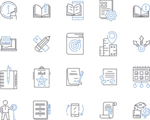 Office tools outline icons collection. Workplace, Software, Suite, Calendar, Document, Sharing, Collaboration vector and illustration concept set. Scheduling, Presentation, Spreadsheet linear signs