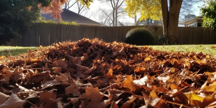 The freshly raked leaves in a backyard form a perfect crisp pile a testament to the diligence put into maintaining the outdoor space, concept of Nature bounty, created with Generative AI technology
