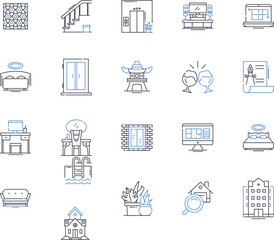 interior design studio outline icons collection. Interior, Design, Studio, Residential, Commercial, Bedrooms, Kitchens vector and illustration concept set. Living, Spaces, Consulting linear signs