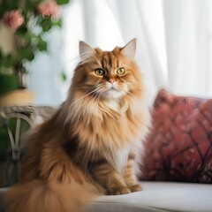 Fototapeta premium Brown cat relaxing at home in the living room. Cat illustration