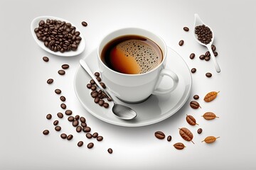 Fototapeta premium White backdrop with coffee cup and beans. The clipping path is in the file. Generative AI