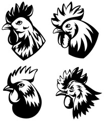 Head of rooster set. Cock abstract character illustration. Graphic logo designs template for emblem. Image of portrait for company use.