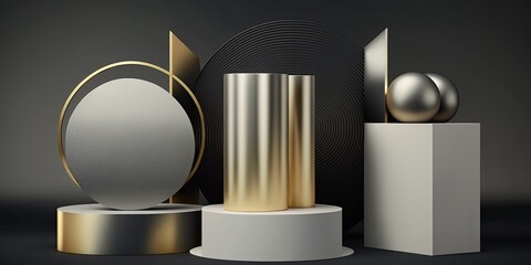 geometric shapes in an abstract, basic setting. round metal podium. Show cosmetic product with a product presentation, mockup, podium, stage pedestal, or platform. Generative AI