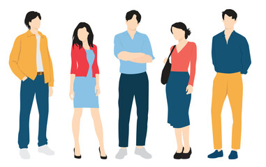 Fototapeta premium Set of young men and women, different colors, cartoon character, group of silhouettes of standing business people, students, the design concept of flat icon, isolated on white background