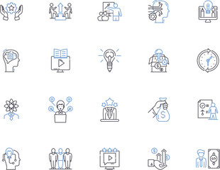 Motivation outline icons collection. Inspire, Excite, Stimulate, Incentive, Ambition, Drive, Encourage vector and illustration concept set. Enthusiasm, Aspiration, Persistence linear signs
