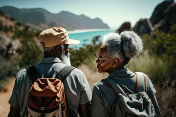 Fototapeta premium Senior couple with gray hair traveling Italy. They are walking exploring Italian cities during the summer. Created with generative AI