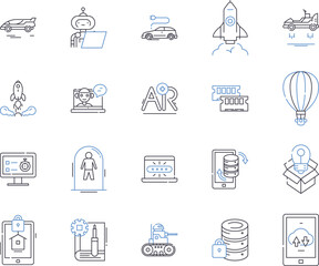 Artificial intelligence outline icons collection. AI, deep learning, machine learning, robotics, neural networks, natural language processing, computer vision vector and illustration concept set