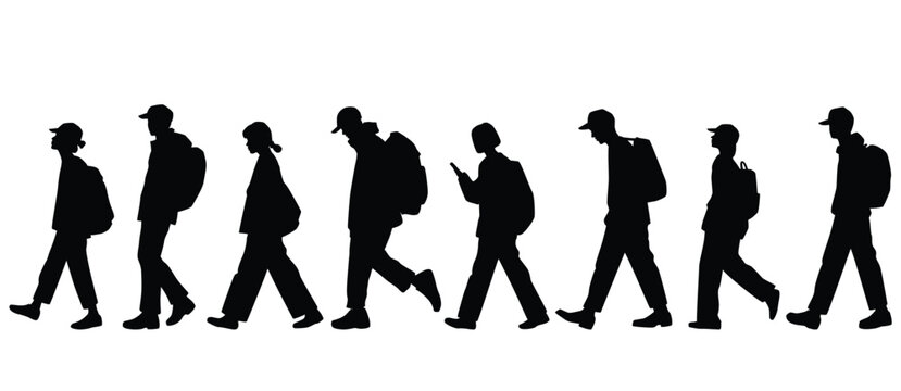 Vector silhouettes of  men and a women, with backpack a group of walking  business people, studets traveling, profile, black color isolated on white background