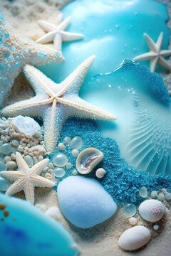 Seashell, starfish and beach sand on blue background. Summer holiday concept. Top view and flat lay, Generative AI