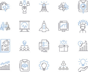 Business strategy outline icons collection. Management, Planning, Analysis, Execution, Profit, Policies, Goals vector and illustration concept set. Expansion, Forecasting, Markets linear signs