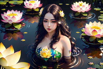 woman with flowers in lotus pond, generative ai