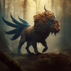 Mysterious chimera monster in the forest. Mythology character. Illustration - obrazy, fototapety, plakaty
