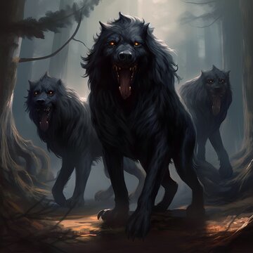 Dangerous Cerberus dog in the forest. Illustration
