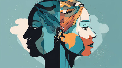 Woman with two heads, mental health awareness illustration