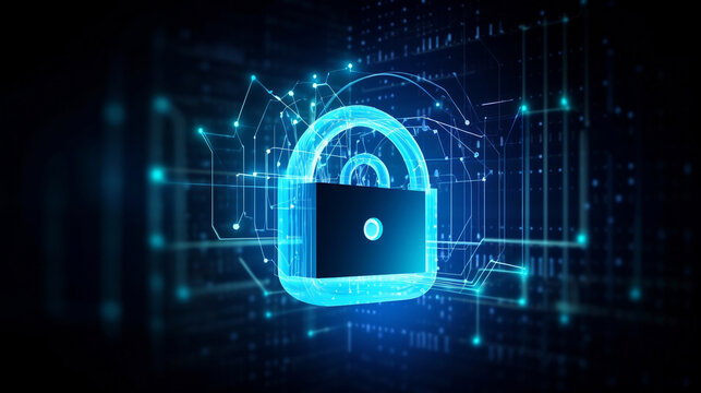 Cybersecurity lock, technological environment with big data connection illustration 