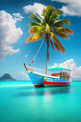 Boat in turquoise ocean water against blue sky with white clouds and tropical island. Natural landscape for summer vacation, panoramic view Generative AI