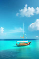 Fototapeta premium Boat in turquoise ocean water against blue sky with white clouds and tropical island. Natural landscape for summer vacation, panoramic view Generative AI