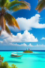 Boat in turquoise ocean water against blue sky with white clouds and tropical island. Natural landscape for summer vacation, panoramic view Generative AI
