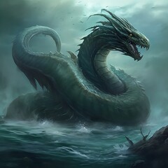 Mysterious hydra snake in the water. Mythology character. Illustration - obrazy, fototapety, plakaty