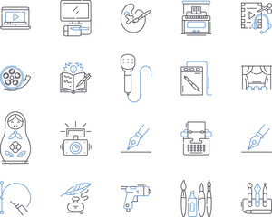 Creative occupation outline icons collection. Artist, Designer, Musician, Writer, Architect, Animator, Poet vector and illustration concept set. Director, Sculptor, Potter linear signs
