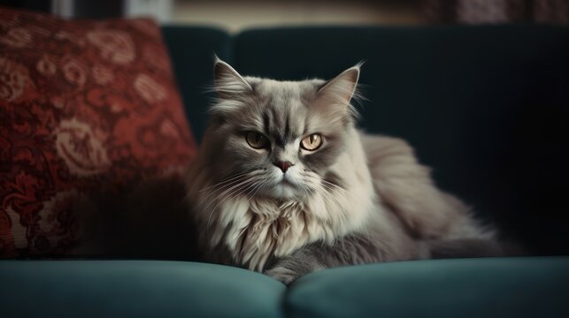 Katze/Kater liegt gemütlich auf dem Sofa und guckt neugierig, generative AI