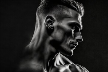 athletic man with pointed nose and short hair tilts head to the side created with Generative AI technology