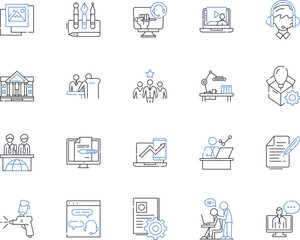 Working conference outline icons collection. Working, Conference, Meeting, Event, Seminar, Summit, Gather vector and illustration concept set. Network, Forum, Program linear signs