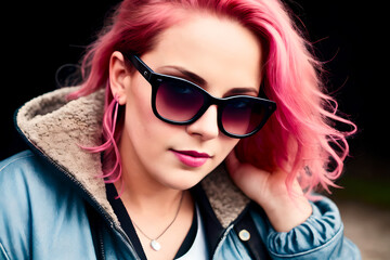 Naklejka premium Portrait of a plus size senior woman, overweight fat body with messy red-pink hair. Concept of body positive. Generative AI