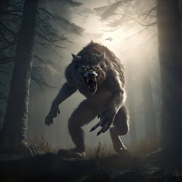 Mysterious werewolf character in the woods. Mythology figure.