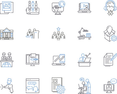 Working conference outline icons collection. Working, Conference, Meeting, Event, Seminar, Summit, Gather vector and illustration concept set. Network, Forum, Program linear signs