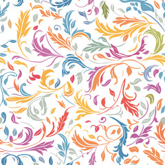 A vibrant repeating pattern of leaves in pink, blue, orange, and red hues on a crisp white background creates a playful and cheerful design.