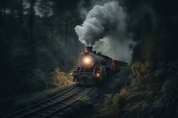 Fototapeta na wymiar a steam engine train traveling through a foggy night filled forest with smoke billowing from it's stacks and a bright light on its head. generative ai