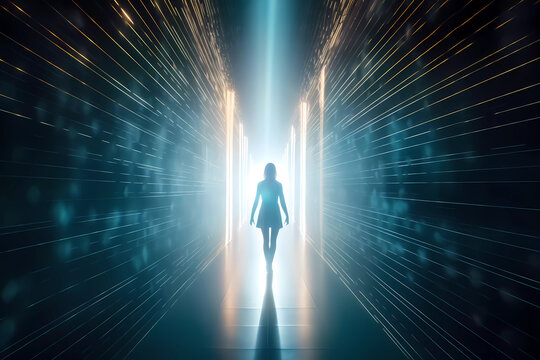 A futuristic image of a woman from behind entering a vortex portal or energy portal or merging with artificial intelligence or entering into contact with a pulsating extraterrestrial light