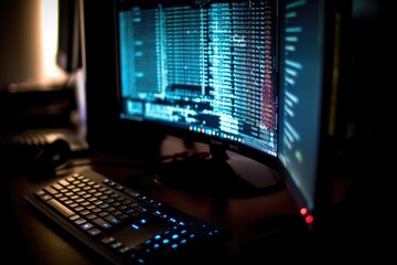 macro image of a computer screen with highlighted spyware text and software source code. Generative AI