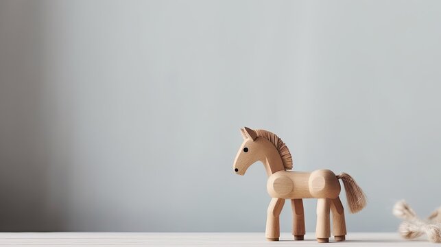 Wooden toy horse on light gray background. Copy space for text. Minimalistic generative ai horse figurine illustration