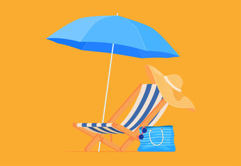 Beach deck chair with umbrella. Summer vacation on a sandy beach. Happy hot vacation. Vector illustration