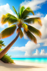 Beautiful beach with white sand, turquoise ocean, blue sky with clouds and palm tree over the water on a Sunny day. Maldives, perfect tropical landscape, wide format Generative AI