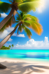 Beautiful beach with white sand, turquoise ocean, blue sky with clouds and palm tree over the water on a Sunny day. Maldives, perfect tropical landscape, wide format Generative AI