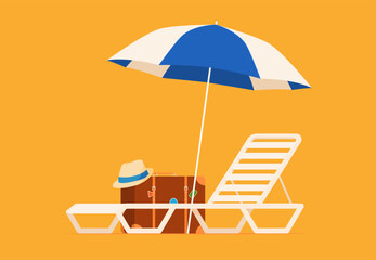 Beach deck chair with umbrella. Summer vacation on a sandy beach. Happy hot vacation. Vector illustration