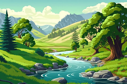 a river running through a lush green valley, mountains landscape cartoon  