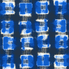 Blue, Navy and Ecru Stained Watercolor Effect Textured Checked Pattern