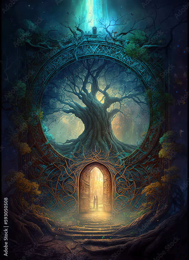 Wall mural sacred fantasy tree of life with afterlife portal gate leading to divine mystery