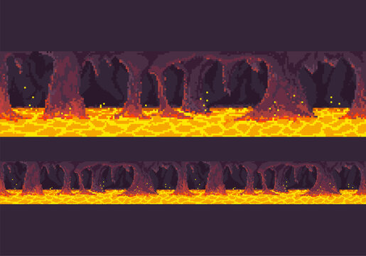 Dungeon pixel landscape. The seamless scene with a lava lake.