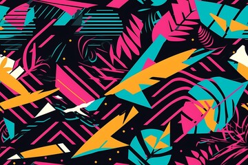Fototapeta premium Retrowave exotic leaves summer funky shirt seamless pattern. 80s 90s pop art memphis style. Miami or Hawaii style. Expressive ornament for textile, wrapping. Generative ai.