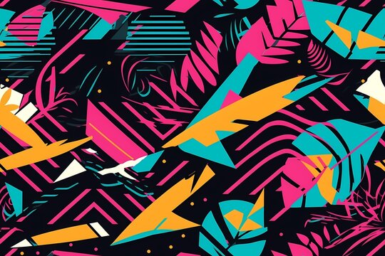Fototapeta Retrowave exotic leaves summer funky shirt seamless pattern. 80s 90s pop art memphis style. Miami or Hawaii style. Expressive ornament for textile, wrapping. Generative ai.