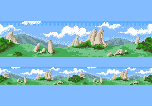 Mountain pixel landscape. The seamless scene with nature and mountains.